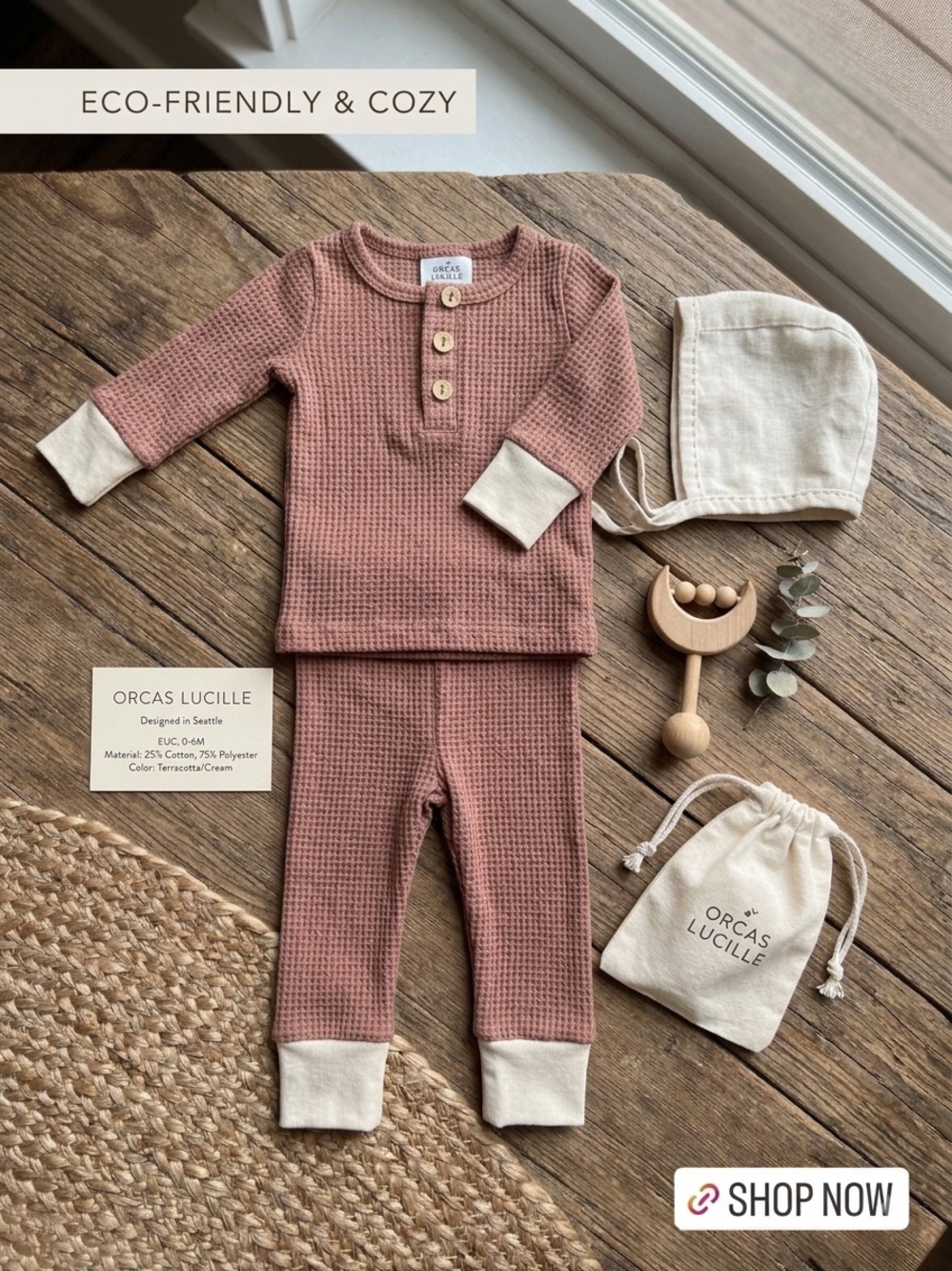 Orcas Lucille Terracotta Waffle Knit 2-Piece Set Rust Henley Long Sleeve 0-6M